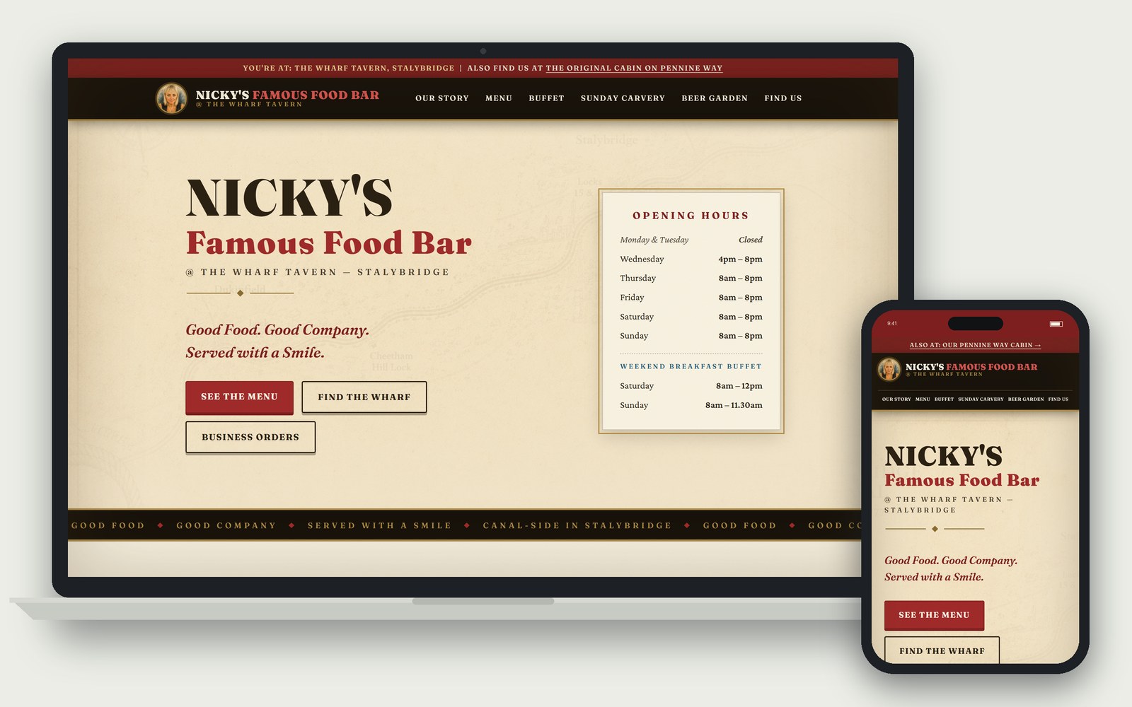 The Nicky's Famous Food Bar website we built, shown on a laptop and a phone