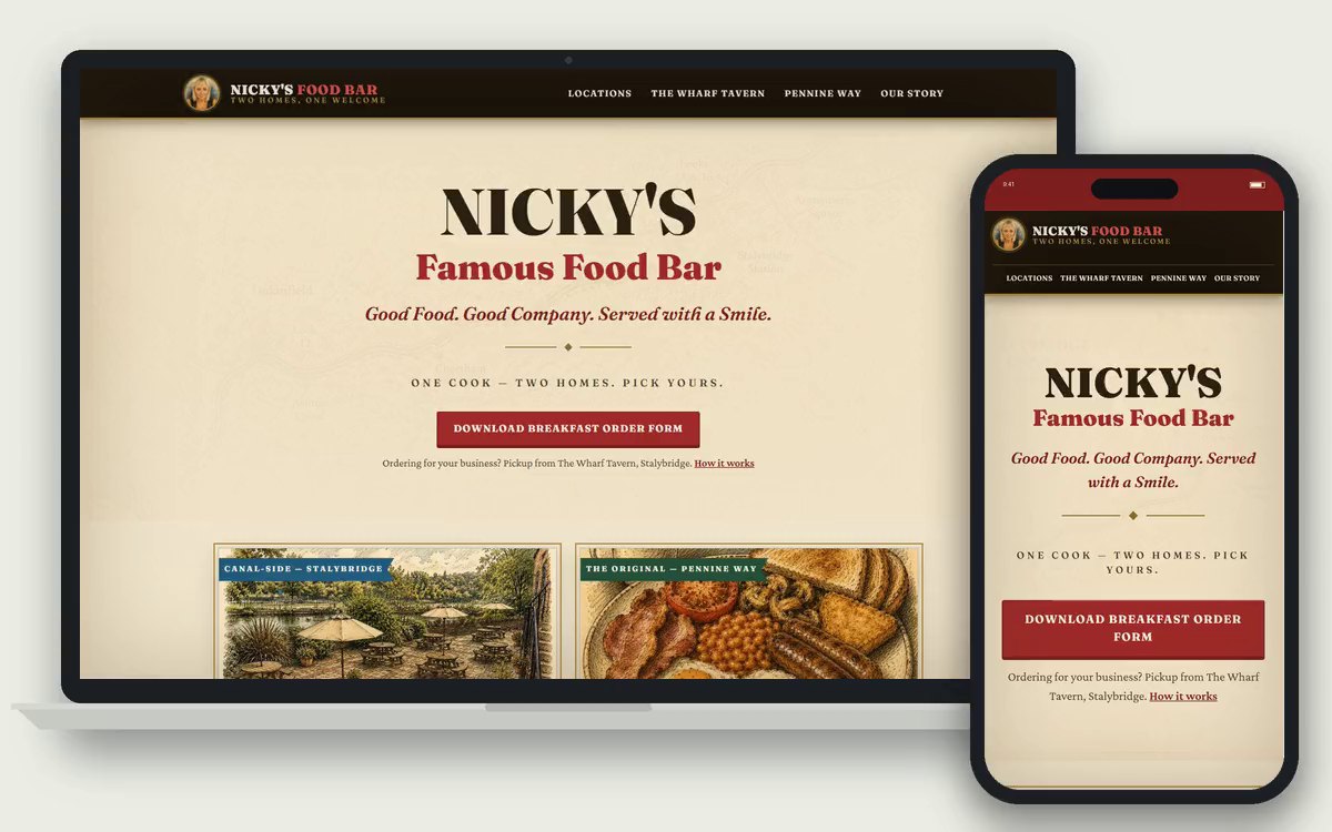 The Nicky's Famous Food Bar website we built, shown on a laptop and a phone
